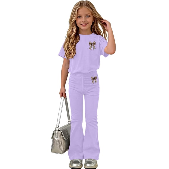 SOOMLON Back to School Outfits for Girls Bow Short Sleeve T Shirts Casual Flare Pants 2PC Summer Weekend Matching Set