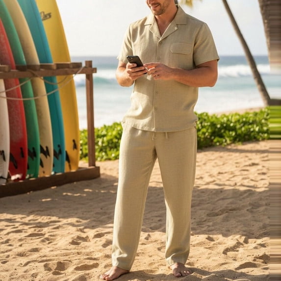 SOOMLON Beach Outfits for Men Big and Tall Collared Button up Shirts Drawstring Pants with Pockets 2 Piece Vacation Sets