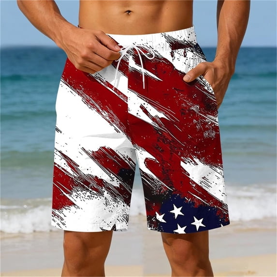 SOOMLON Beach Shorts for Men 4th of July Red White Blue Board Shorts Pockets Quick Dry Swim Trunks Independence Day Shorts