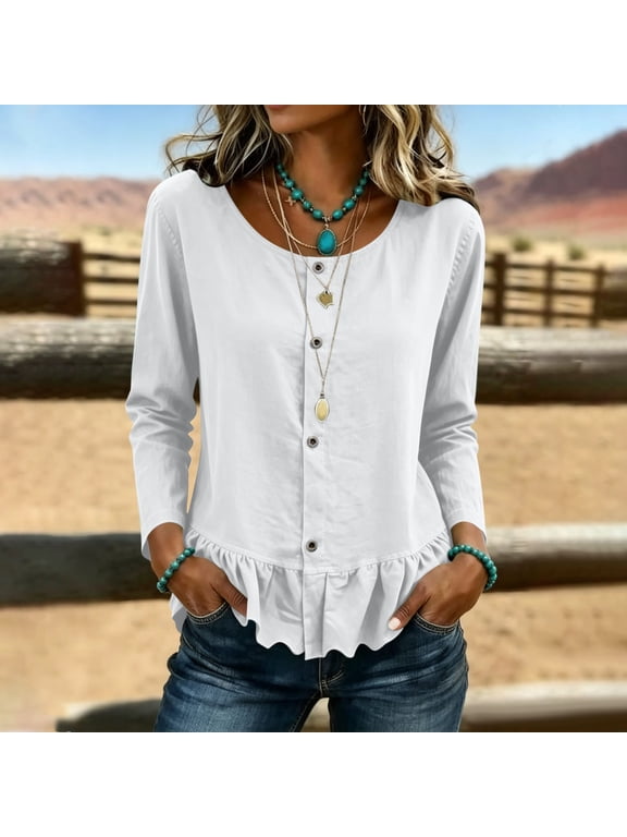Blouses for Women Dressy Plus Size Crew Neck Long Sleeve Peplum Blouses Ruffle Button down Shirts Fall Clothes