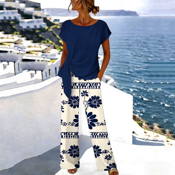 SOOMLON Boho Outfits for Women Plus Size Crew Neck Front Tie Tees Cooling Print Loose Pants Hawaiian Two Piece Sets