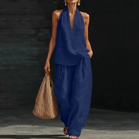 SOOMLON Boho Outfits for Women Plus Size Soft Halter Sleeveless Shirt Long Pants with Pockets Summer 2 Piece Matching Set