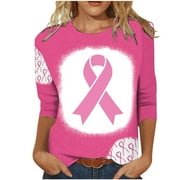 SOOMLON Breast Cancer Awareness Items Women's Summer Print T-Shirt Tee Tops Casual Tops Blouse Pink Ribbon Advocate Shirt for Women 3/4 Sleeve Crew Neck Pink Shirts for Women Trendy L