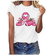 SOOMLON Breast Cancer Shirt Women Pink Ribbon Print T-Shirt Cancer Tops Cancer Fight Tee Tops Breast Cancer Support Women's T-Shirt Short Sleeve Round Neck Pink Shirts for Women Trendy L