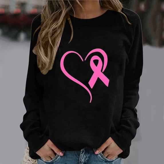 SOOMLON Breast Cancer T-Shirt for Women Long Sleeve Crew Neck T-Shirts Printed Tee Tops Fall Fashion Clothes