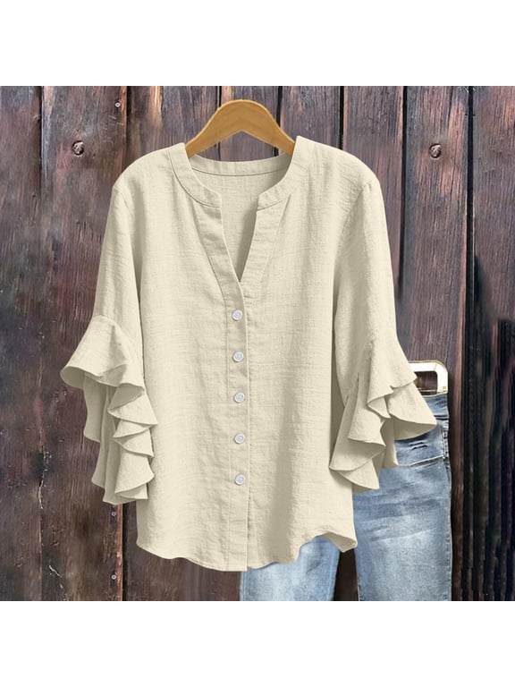 Button down Shirts for Women Plus Size 3/4 Petal Flutter Sleeve Tee Loose Yellow Linen Blouses Summer Boho Top