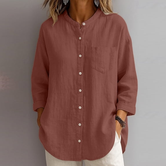 SOOMLON Button up Shirts for Women Plus Size Crew Neck 3/4 Sleeve Cardigan Loose Solid Tunic Top Casual Work Blouse