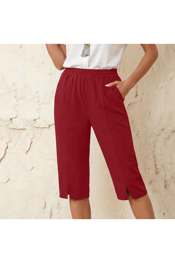 Capris for Women Plus Size Elastic Waist Drawstring Chino Pants Stretch Split Pants Casual Clothes with Pockets