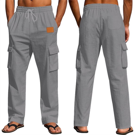 SOOMLON Cargo Pants for Men Loose Fit Big and Tall Elastic Waist Drawstring Linen Pants Breathable Hiking Pants