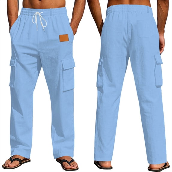 SOOMLON Cargo Pants for Men Loose Fit Big and Tall Elastic Waist Drawstring Linen Pants Breathable Hiking Pants