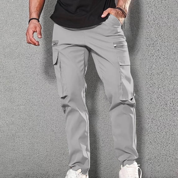 SOOMLON Cargo Pants for Men with Pockets Big and Tall Cropped Pants Zipper Elastic Waist Drawstring Pants Hiking Pants