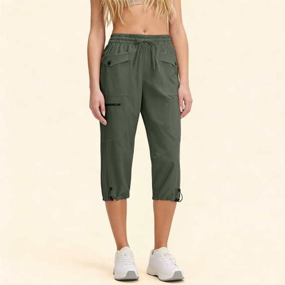 SOOMLON Cargo Pants for Women with Pockets Plus Size Pants Straight Leg Drawstring Capri Pants Summer Outdoor Clothes