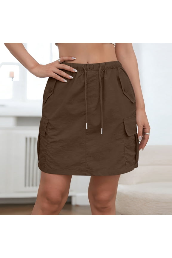Cargo Skirt for Women with Pockets Plus Size Button Elastic Waist Mini Skirt Solid Wrap Weekend Wear Skirt