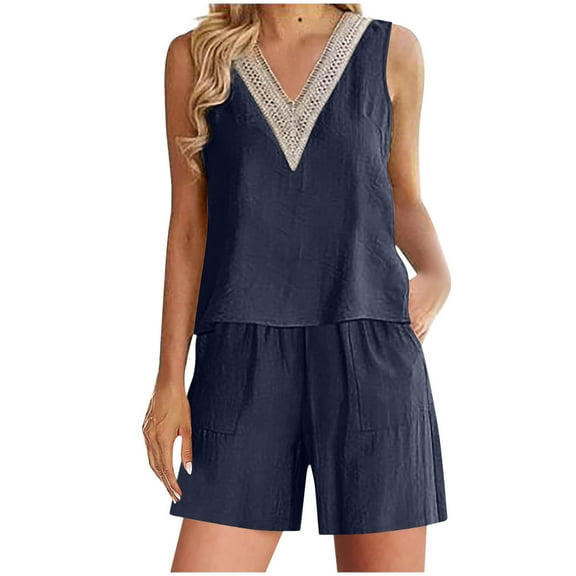 SOOMLON Casual Outfits for Women Summer Outfits 2023 Trendy 2PC Round Neck Solid Sleeveless Blouse + Loose Cotton Linen Pocket Pants Short Sets Navy S