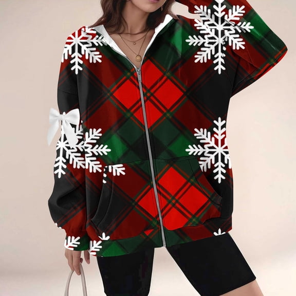 SOOMLON Christmas Sweatshirts for Women Plus Size Zipper Hoodies Bow Argyle Long Sleeve Jackets Fall Coat with Pockets