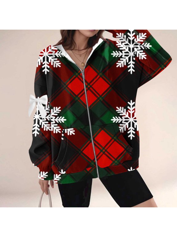 Christmas Sweatshirts for Women Plus Size Zipper Hoodies Bow Argyle Long Sleeve Jackets Fall Coat with Pockets