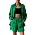 thumbnail image 1 of SOOMLON Concert Outfits for Women Plus Size Button Down Long Sleeve Shirt Elastic Waist Shorts with Pockets 2 Piece Set, 1 of 5
