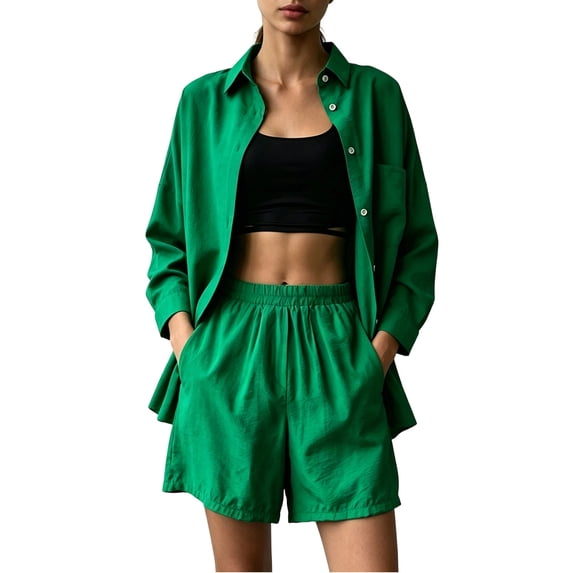 SOOMLON Concert Outfits for Women Plus Size Button Down Long Sleeve Shirt Elastic Waist Shorts with Pockets 2 Piece Set