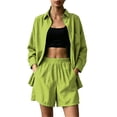 thumbnail image 1 of SOOMLON Concert Outfits for Women Plus Size Button Down Long Sleeve Shirt Elastic Waist Shorts with Pockets 2 Piece Set, 1 of 5