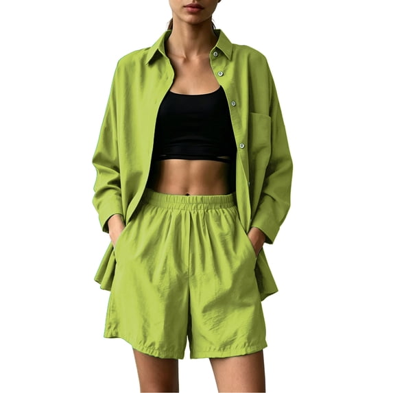 SOOMLON Concert Outfits for Women Plus Size Button Down Long Sleeve Shirt Elastic Waist Shorts with Pockets 2 Piece Set