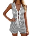 thumbnail image 1 of SOOMLON Concert Outfits for Women V Neck Ribbed Front Tie Sleeveless Shirts Elastic Waist Shorts Striped Matching Set, 1 of 5