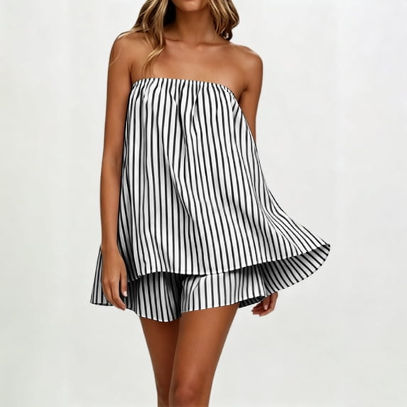 SOOMLON Cooling Pajamas for Women Plus Size Flowy Sleepwear Set Strapless Ruffle Top Solid Summer Two Piece Nightwear