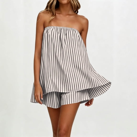 SOOMLON Cooling Pajamas for Women Plus Size Flowy Sleepwear Set Strapless Ruffle Top Solid Summer Two Piece Nightwear