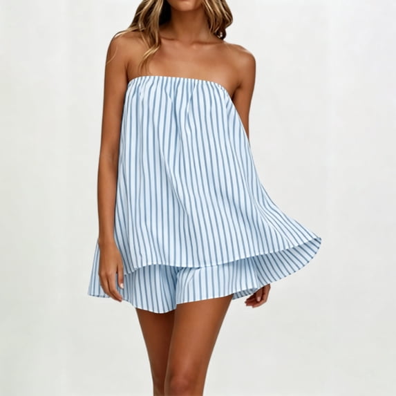 SOOMLON Cooling Pajamas for Women Plus Size Flowy Sleepwear Set Strapless Ruffle Top Solid Summer Two Piece Nightwear