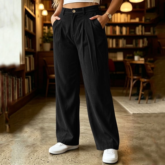 SOOMLON Corduroy Pants for Women Wide Leg Plus Size Button Pants Work Long Pants with Pockets Winter Business Pants