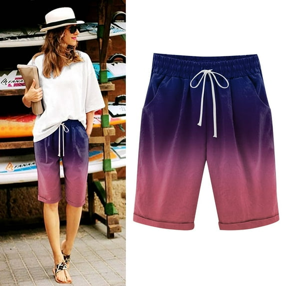 SOOMLON Cotton Shorts for Women Summer Casual Loose Fit Shorts 2023 Plus Size Vacation Shorts with Pockets Summer Shorts Loose Shorts Elastic Waist Summer Pocket Print Pants Purple S