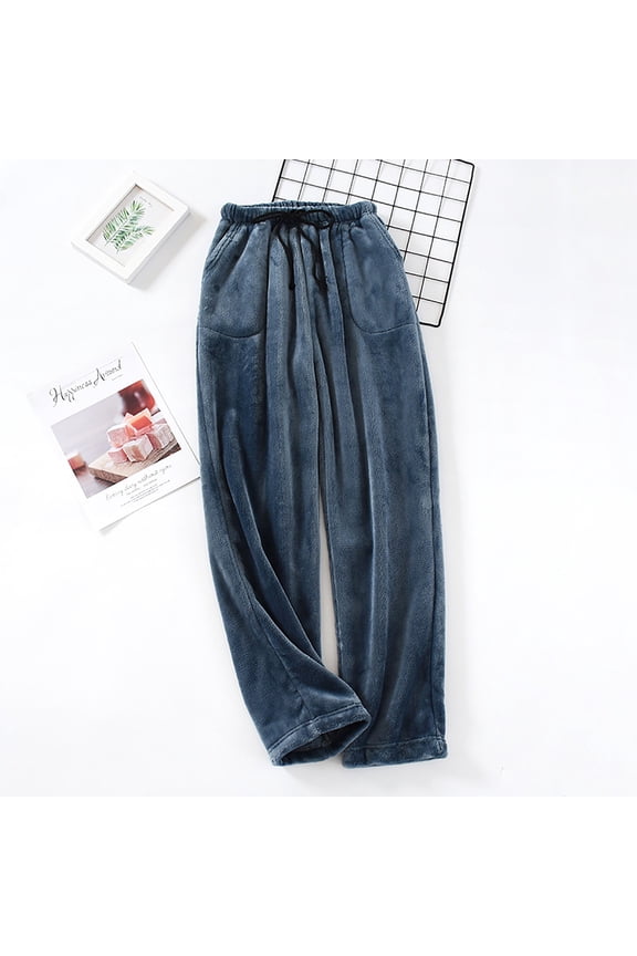 Couples Pajama Pants Cozy Flannel Solid Pajama Bottoms Women Men Loose Warm Winter Fuzzy Lounge Sleepwear Pjs Pants Drawstring Cozy Straight Leg Pants Nightwear Blue 2XL