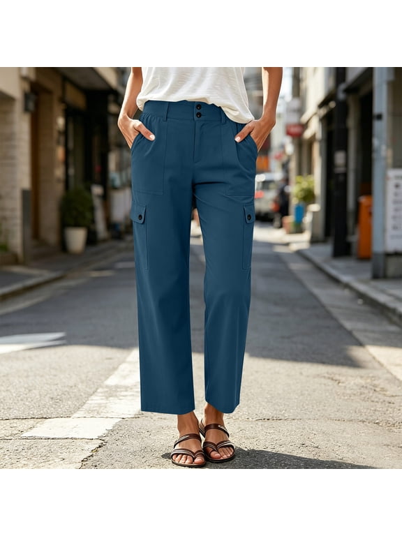 Cropped Pants Women Wide Leg Plus Size Button Zip Chino Pants Solid Trouser with Pockets Travel Casual Pants