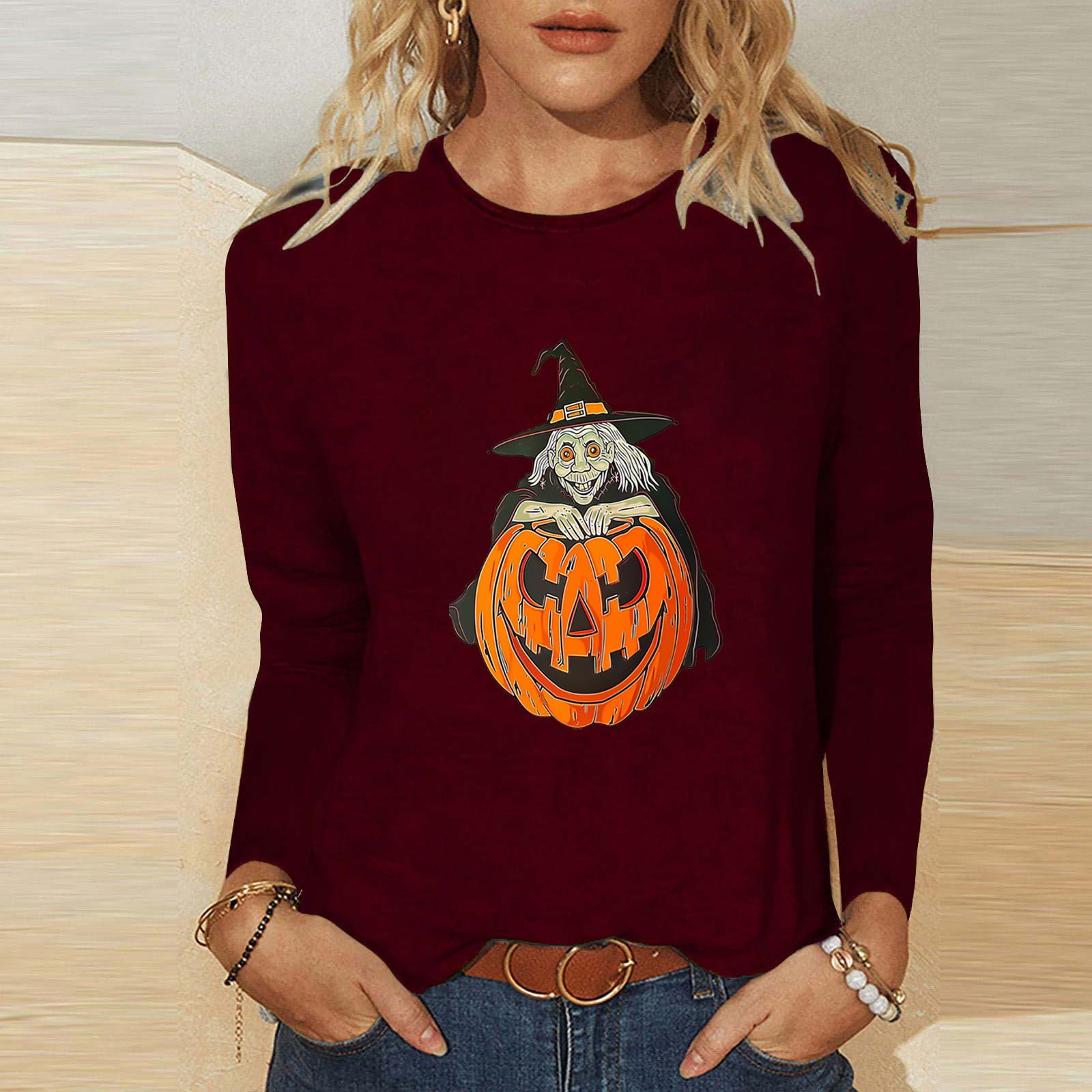 SOOMLON Cute Halloween Shirts for Women Plus Size Long Sleeve Witch Hat ...