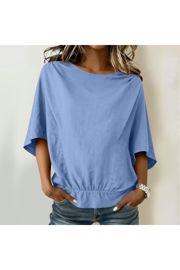 Dolman 3/4 Sleeve Tops Women Plus Size Boat Neck Ruched Shirt Solid Linen Blouse Cusual Loose Summer Clothes