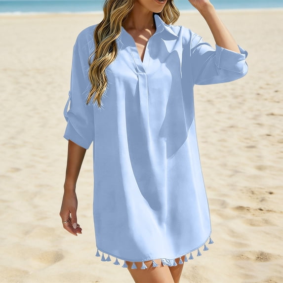 SOOMLON Dress Cover up for Women Plus Size Fringe Swimsuit Coverup Long Sleeve Shirt Dress Elegant Beach Party Swimwear