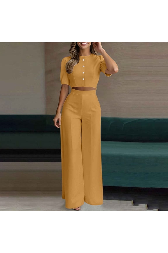 Dress Outfits for Women Plus Size Comfy Crew Neck Button Down Blouse Wide Leg Draped Pants Two Pieces Suits Set