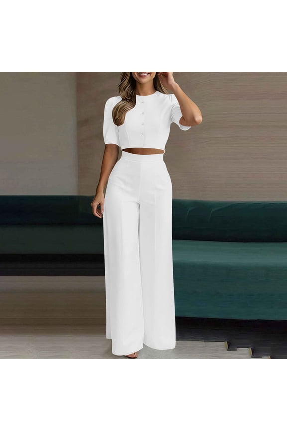 Dress Outfits for Women Plus Size Comfy Crew Neck Button Down Blouse Wide Leg Draped Pants Two Pieces Suits Set