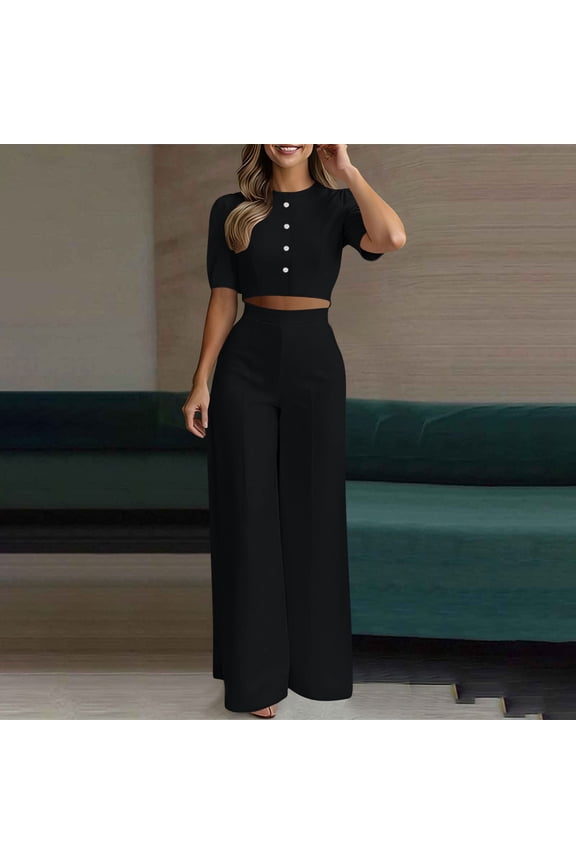Dress Outfits for Women Plus Size Comfy Crew Neck Button Down Blouse Wide Leg Draped Pants Two Pieces Suits Set
