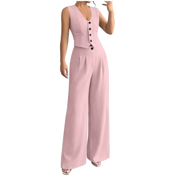 SOOMLON Dress Outfits for Women V Neck Sleeveless Button Down Blouse High Waisted Wide Leg Pants 2 Pieces Suits Set