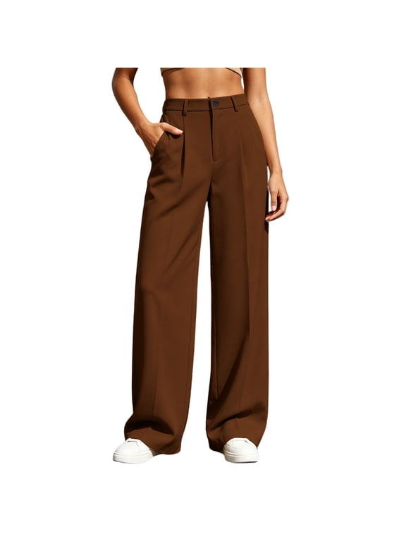Dress Pants for Women Wide Leg Plus Size Button Zip Office Pant Ankle Pants with Pockets Slacks Business Trouser