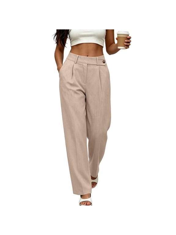 Dress Pants for Women Wide Leg Plus Size Button Zip Trousers Office Pants with Pockets Commuting Work Clothes