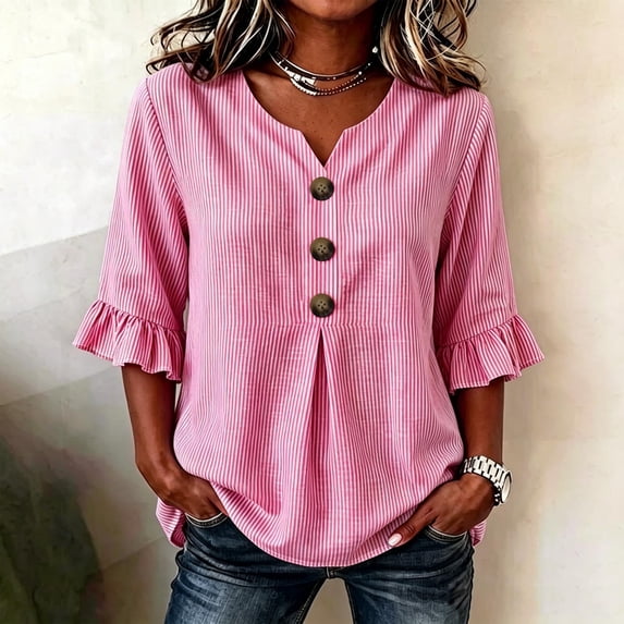 SOOMLON Dressy Blouses for Women Plus Size Henley Ruffle Sleeve Tunic Button Striped Ruched Shirts Fall Fashion Clothes