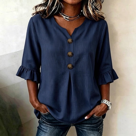 SOOMLON Dressy Blouses for Women Plus Size Henley Ruffle Sleeve Tunic Button Striped Ruched Shirts Fall Fashion Clothes