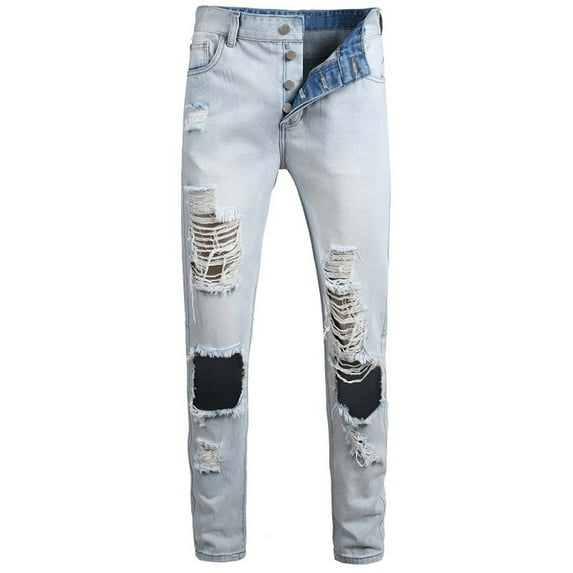 SOOMLON Fashion Pants Casual Denim Jeans Men's Straight Trousers Ripped Going out Pants Hole Slim Jeans Blue XXXXXXL(42)