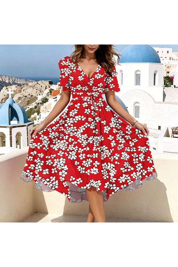 Floral Maxi Dresses for Women Plus Size V Neck Puff Sleeve Sundress Lightweight Wrap Dress Summer Boho Sundress