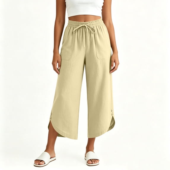 SOOMLON Flowy Capris for Women Plus Size Wide Leg Gaucho Pants Button Drawstring Trousers Travel Casual Wear with Pockets