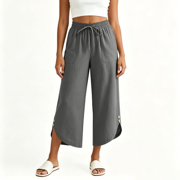 SOOMLON Flowy Capris for Women Plus Size Wide Leg Gaucho Pants Button Drawstring Trousers Travel Casual Wear with Pockets