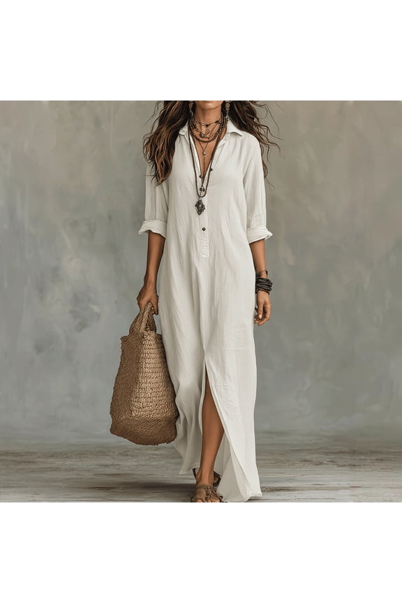 Flowy Dresses for Women Plus Size Collared Long Dress Split Sack Shirt Dress Beach Vacation Cruise Outfits