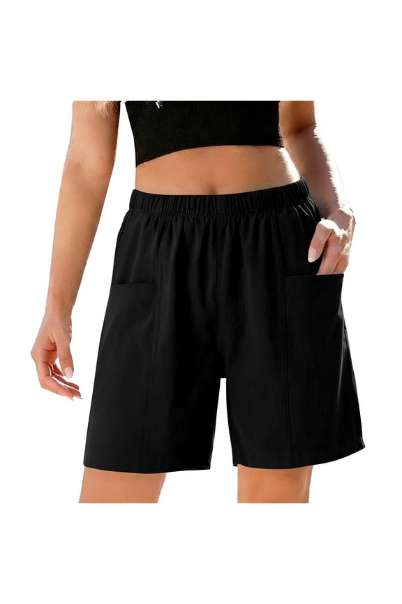 Flowy Shorts for Women Plus Size Elastic Waist Chino Shorts 5 Inch Inseam Shorts with Pockets Vacation Bottoms