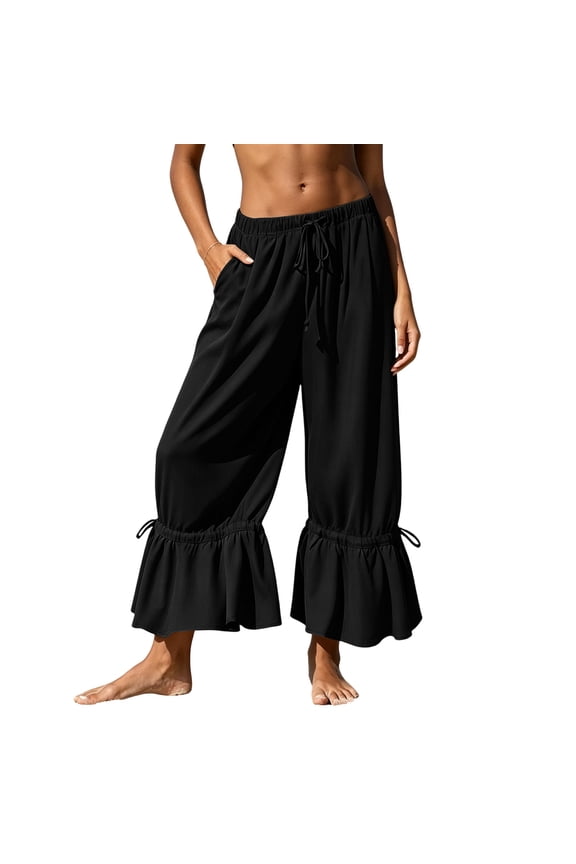 Flowy Wide Leg Pants for Women Plus Size Drawstring Long Pant Ruffle Pants with Pockets Adjustable Cuffs Clothes